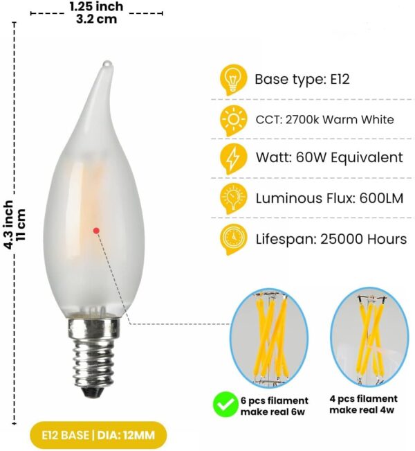 AMDTU 60W,Frosted, E12 LED Bulb dimmable Soft White 2700k, Flame Bent Tip Candle Shape, 600 lumens, 2 Pack - Image 3