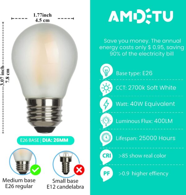 AMDTU E26 40 Watt Warm White 2700K, G16.5 Frosted  Vanity Light Bulbs LED, Vintage LED Edison Bulbs Dimmable, 2 Pack - Image 7